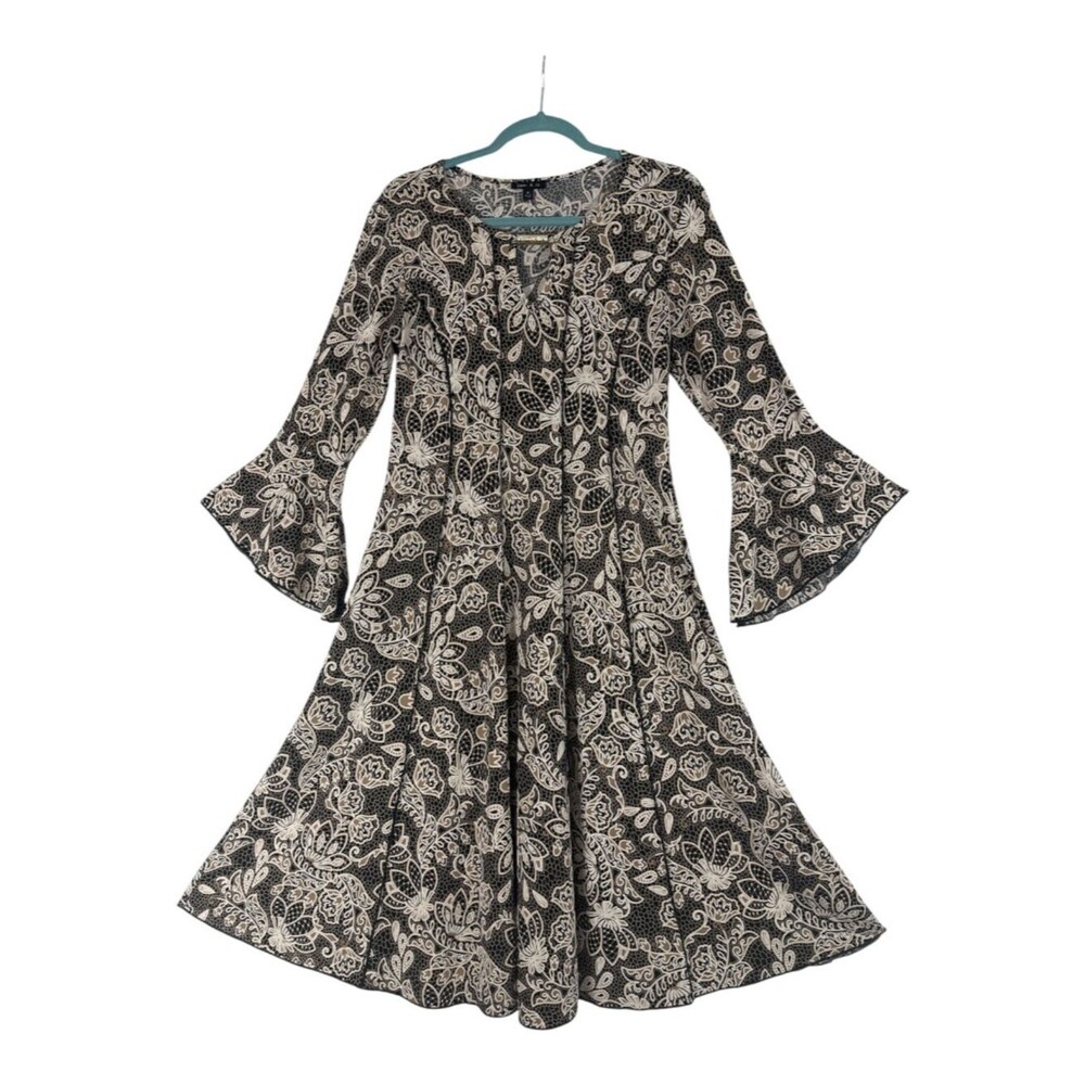 Sami & Jo Boho Paisley Fit & Flare Dress M Bell Sleeve Keyhole Stretch Black Tan - Picture 2 of 7